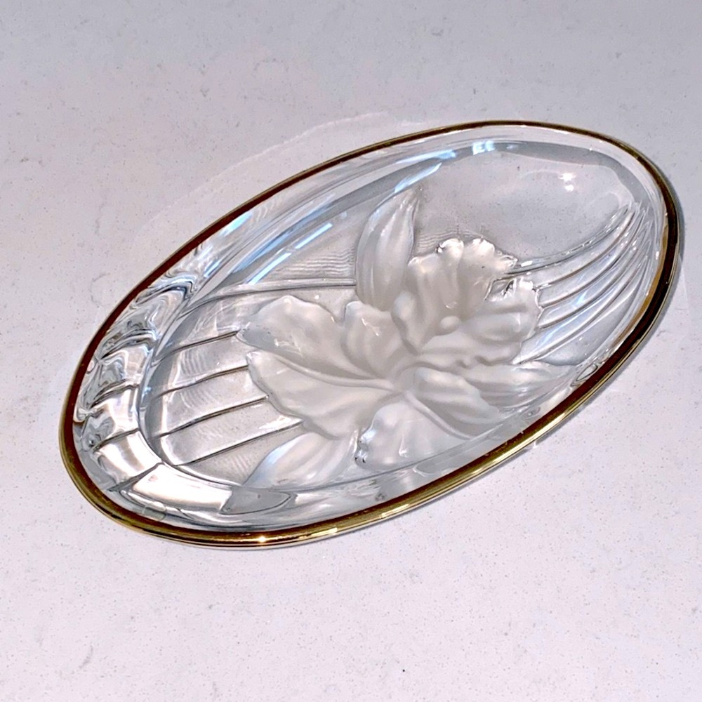 Vintage Beautiful glass oval candy dish with Raised Frosted Flower and gold trim